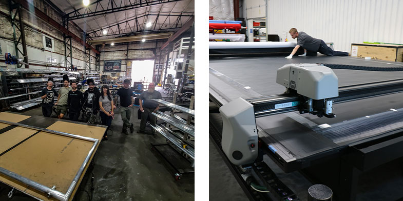 Step Four: Our metal fabrication and fabric production teams work on creating the client's project. On the left of this image, a group photo of our talented metal fabrication team. On the right, a CNC operator preps the CNC machine to cut fabric.