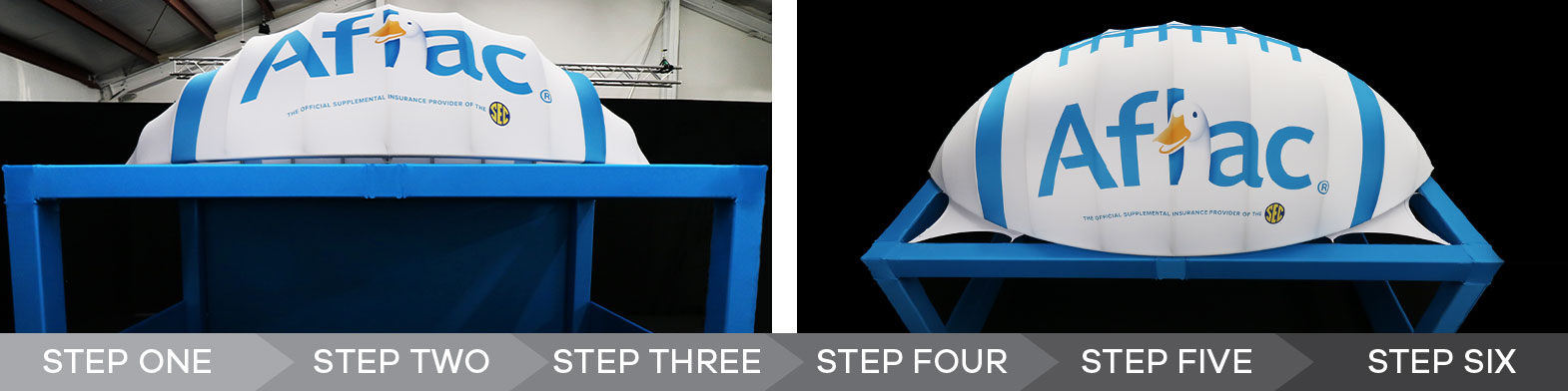 Two photos of the custom half-football and truss cover structure created for Aflac