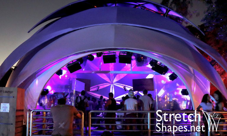 panorama 2016, hp lounge, custom structure, stretch fabric, flat panel sails, tension fabric dome