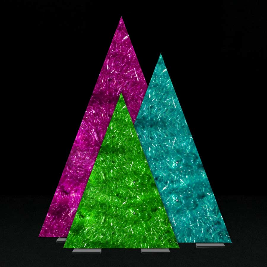 Triangle 2D Forms printed with a tinsel pattern to resemble Christmas trees
