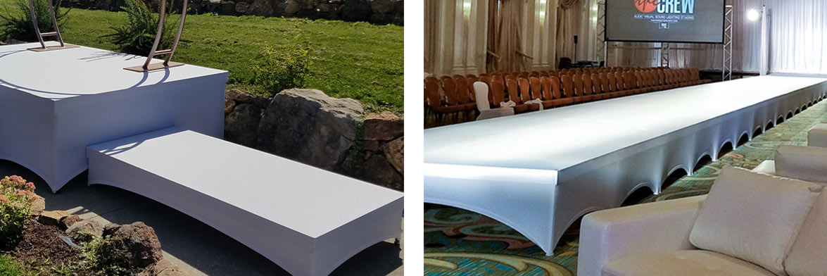 Outdoor And Indoor Side Shots Of White Stretch Fabric Stage Covers