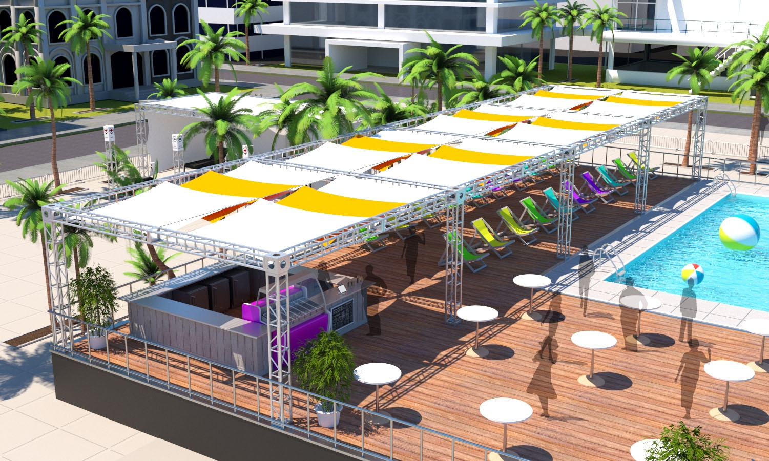 VIP area that provides event shade using a truss structure at a music festival