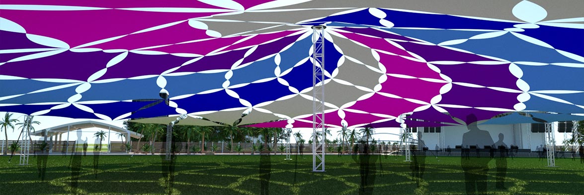 A Red And White Mountain Shaped Shade Structure Made From Stretch Fabric Sails
