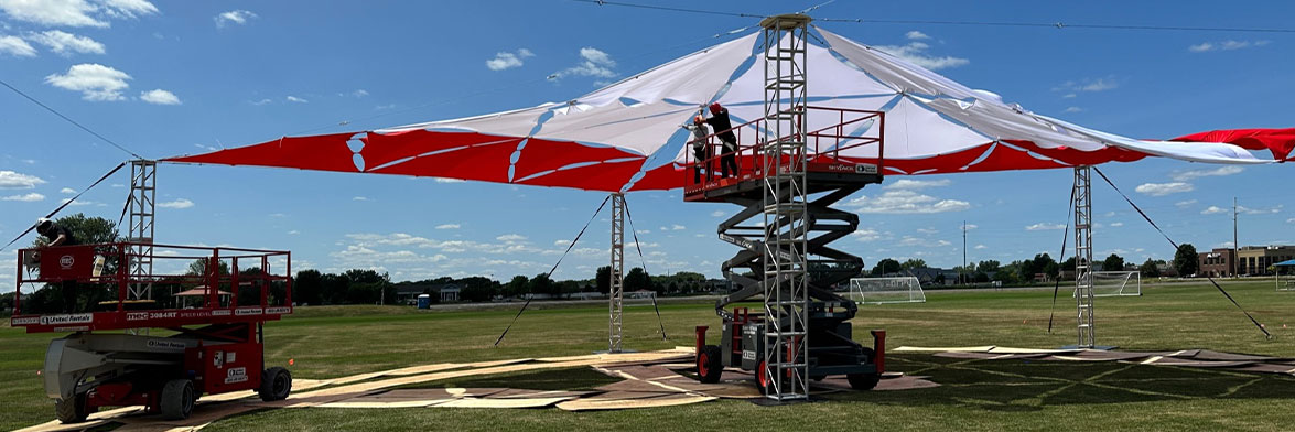 Truss Being Mounted With Rigging To Hold Triangular Stretch Fabric Shade Sails For Large Outdoor Shade Structure