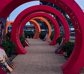 High Performance Red Stretch Fabric Wrapped Around Aluminum Frame Circular Arches