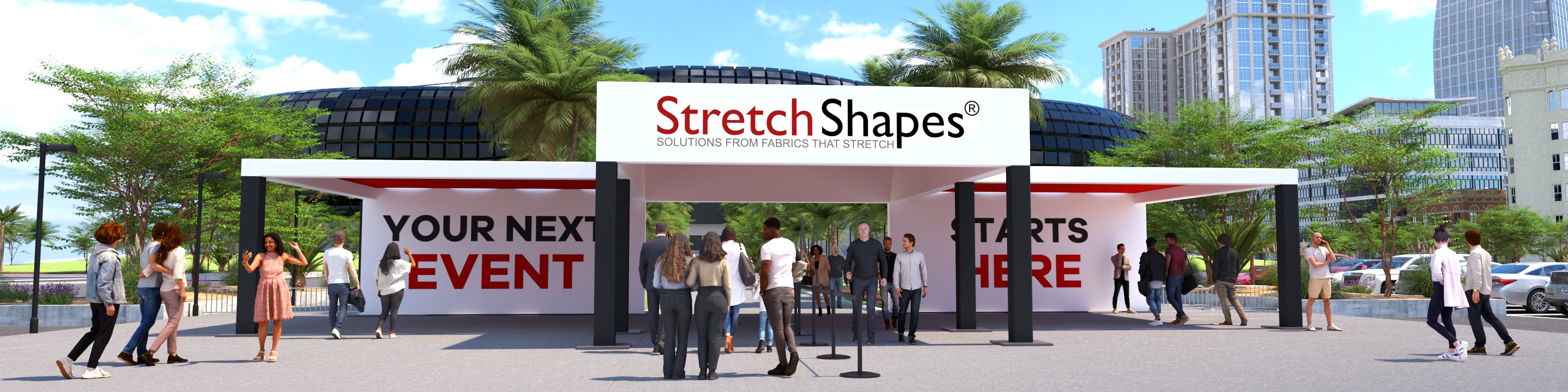 View of The Entrance To An Outdoor Festival Made Of Truss Covered With High Performance Outdoor Stretch Fabric Printed With The Stretch Shapes Logo