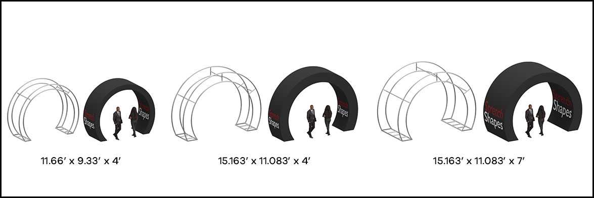 Renderings Of 3D Tubular Arches Covered In Black High Performance Stretch Fabric And The Uncovered Metal Tube Frame